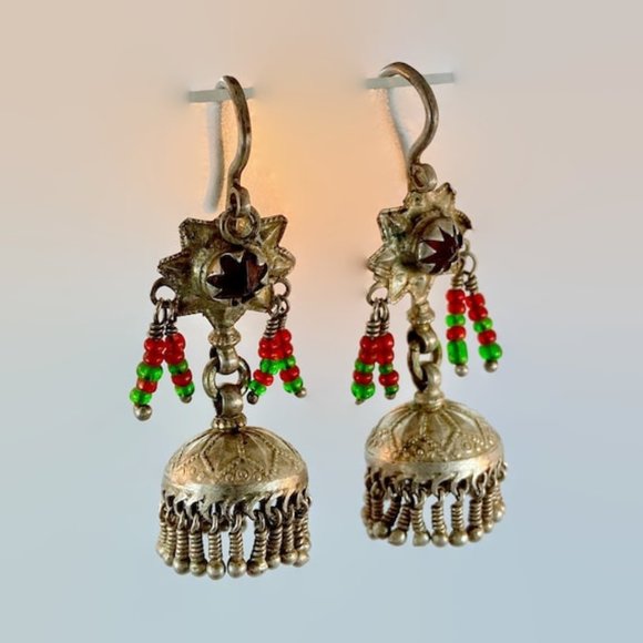 Jhumka Earrings, Old Silver, Kashmir Earrings, Vintage, Green, Red, Bell - Picture 2 of 7